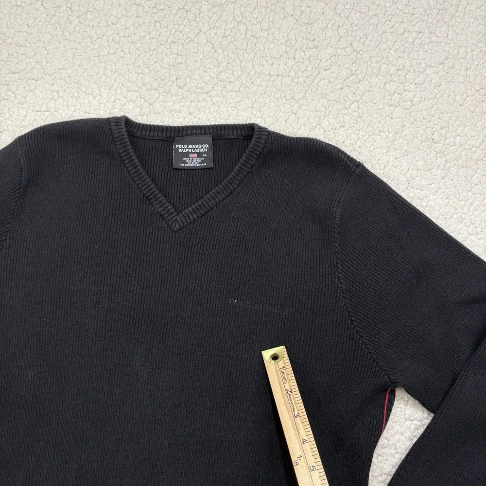 Polo Jeans Co Ralph Lauren Sweater Mens XL Black Cotton V Neck Pullover Rib Knit